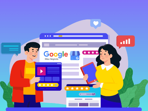 Ilustração de duas pessoas interagindo com a interface do Google Meu Negócio. O homem, à esquerda, segura um tablet mostrando vídeos e avaliações de clientes. A mulher, à direita, segura um tablet e está ao lado de uma tela que exibe avaliações, estrelas e interações da plataforma. O fundo é azul e roxo com ícones representando gráficos de desempenho, corações e caixas de diálogo, sugerindo engajamento e feedbacks.
