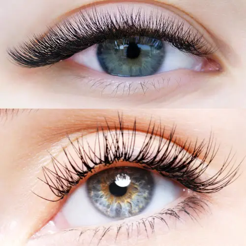 Comparação entre cílios volume russo e cílios clássicos em dois olhos com extensões diferentes, mostrando a densidade maior do volume russo em contraste com o visual mais natural dos cílios clássicos